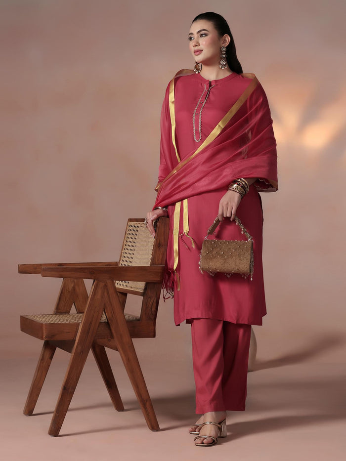 Women Liva Pink Solid Kurta Comfort Pant Dupatta.