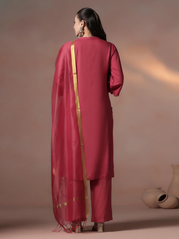 Women Liva Pink Solid Kurta Comfort Pant Dupatta.