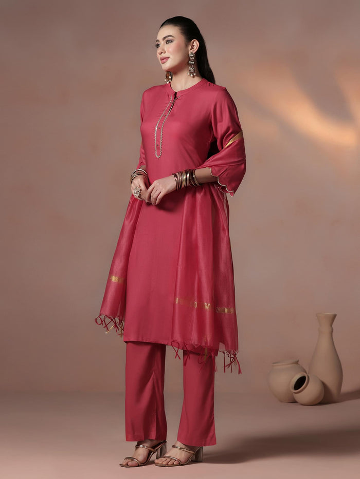 Women Liva Pink Solid Kurta Comfort Pant Dupatta.