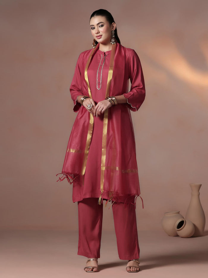 Women Liva Pink Solid Kurta Comfort Pant Dupatta.