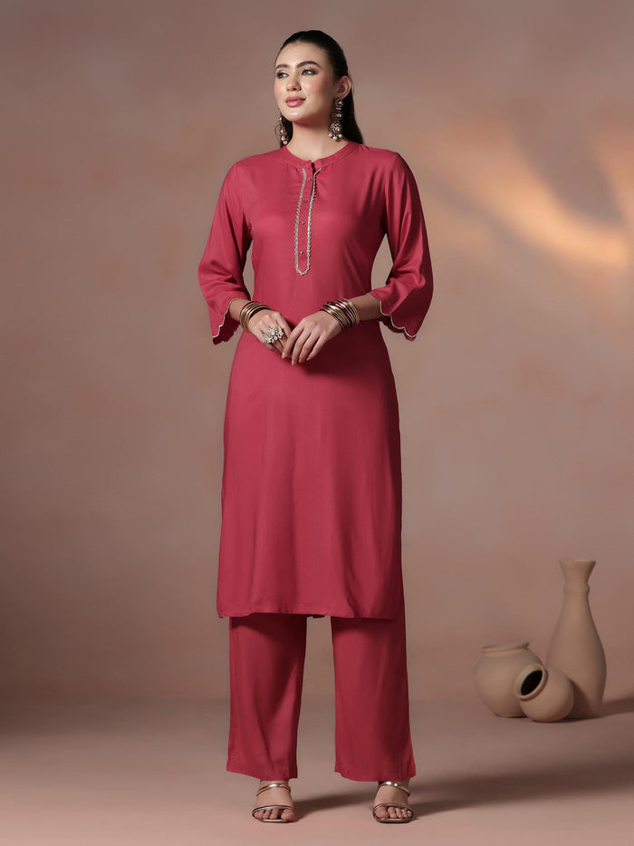Women Liva Pink Solid Kurta Comfort Pant Dupatta.