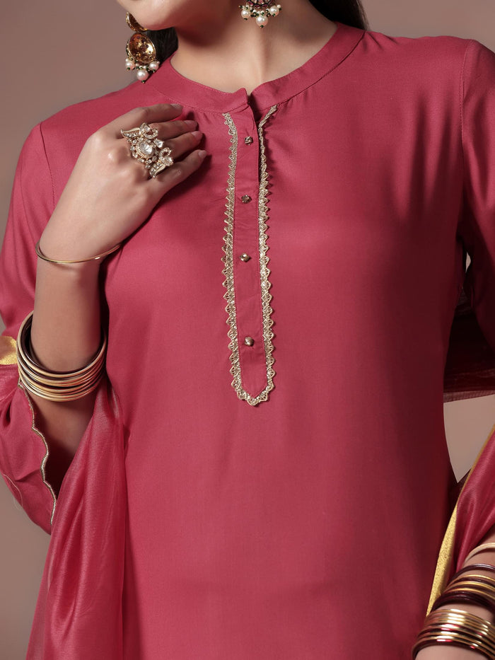 Women Liva Pink Solid Kurta Comfort Pant Dupatta.