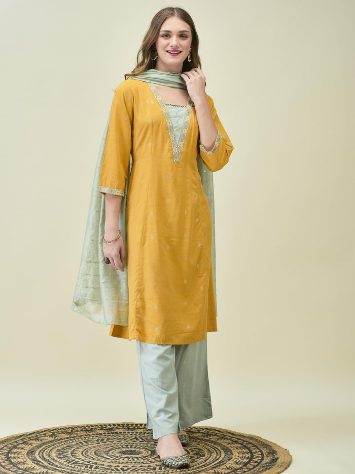 Women Liva Poly Viscose Mustard Solid Kurta Wide Leg Pant Dupatta.