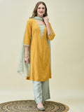 Women Liva Poly Viscose Mustard Solid Kurta Wide Leg Pant Dupatta.