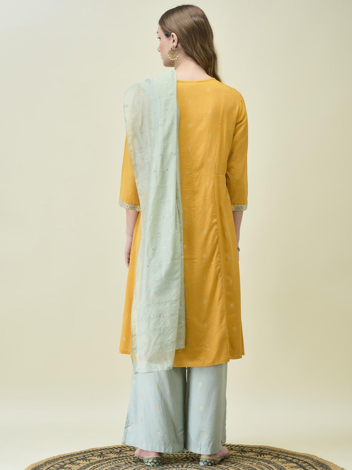 Women Liva Poly Viscose Mustard Solid Kurta Wide Leg Pant Dupatta.