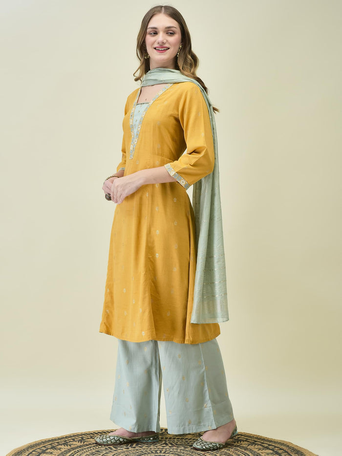 Women Liva Poly Viscose Mustard Solid Kurta Wide Leg Pant Dupatta.