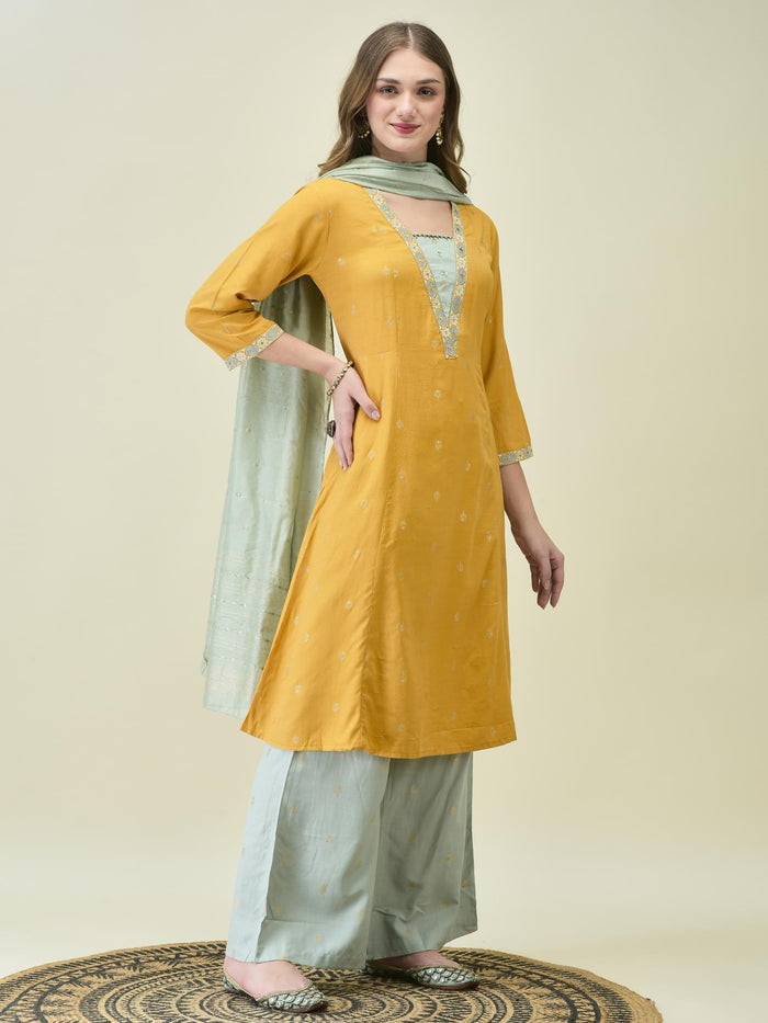 Women Liva Poly Viscose Mustard Solid Kurta Wide Leg Pant Dupatta.