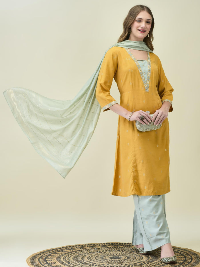 Women Liva Poly Viscose Mustard Solid Kurta Wide Leg Pant Dupatta.