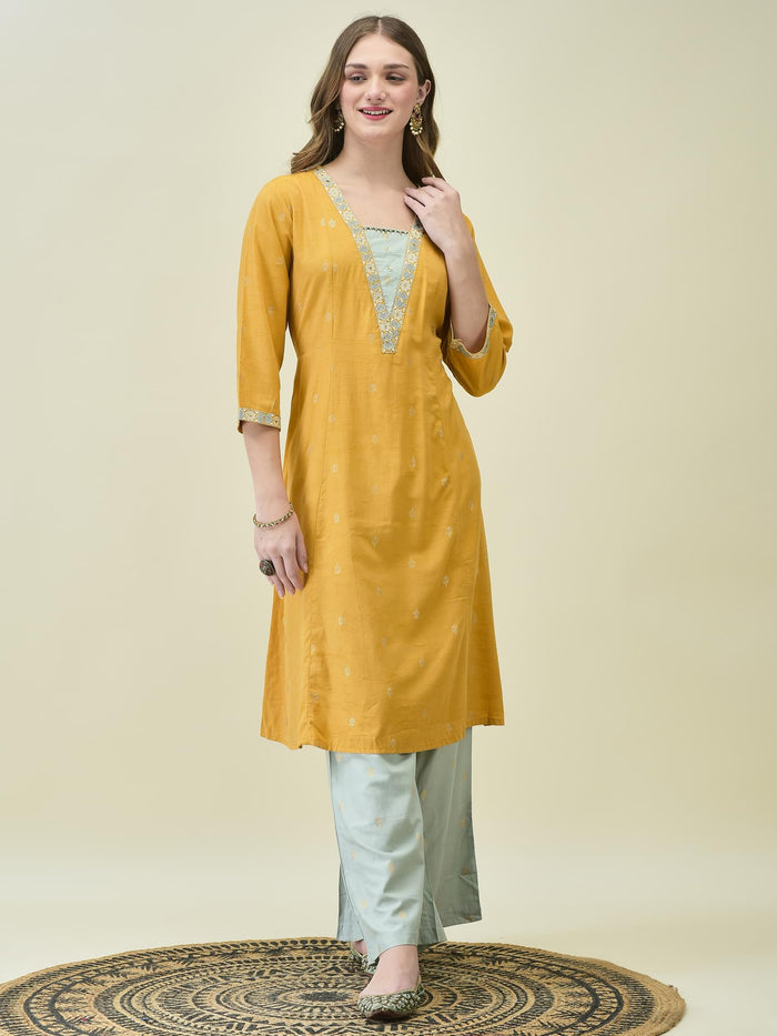 Women Liva Poly Viscose Mustard Solid Kurta Wide Leg Pant Dupatta.
