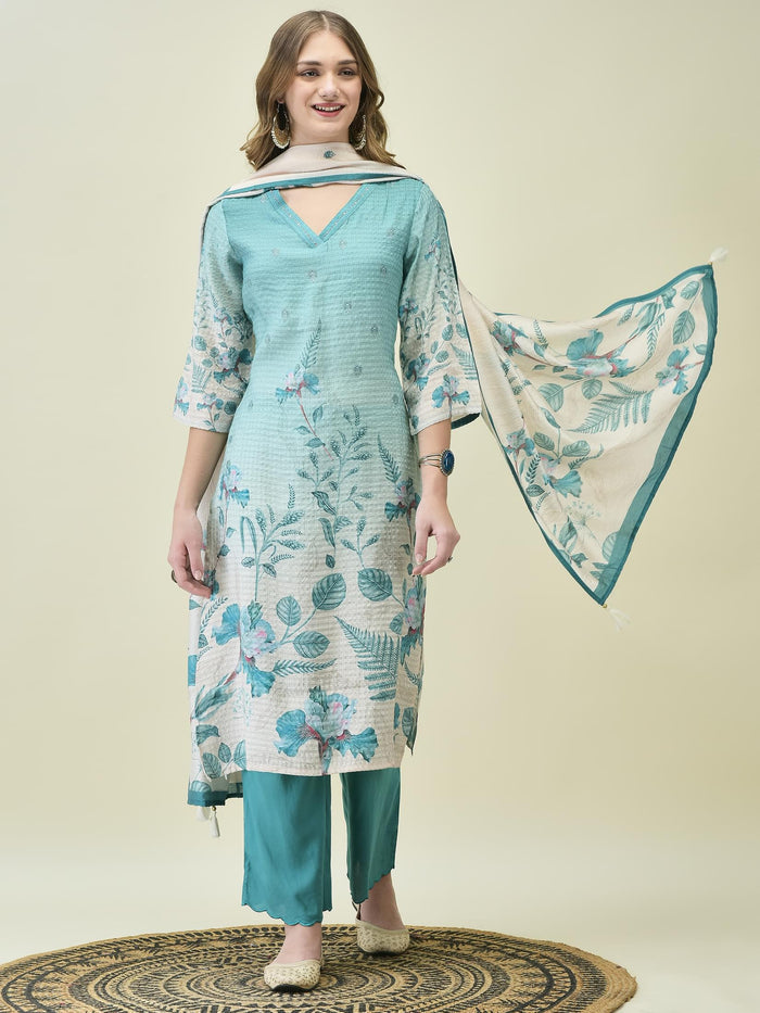 Women Liva Poly Viscose Teal Floral Print Kurta Comfort Pant Chanderi Dupatta.