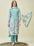Women Liva Poly Viscose Teal Floral Print Kurta Comfort Pant Chanderi Dupatta.