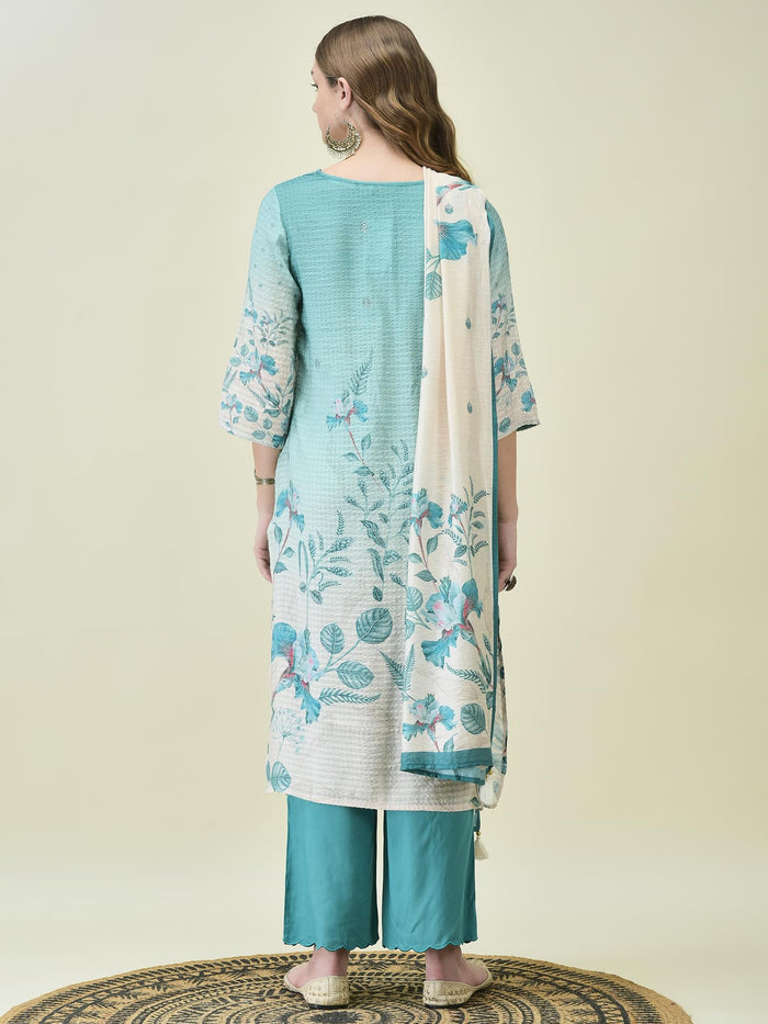Women Liva Poly Viscose Teal Floral Print Kurta Comfort Pant Chanderi Dupatta.
