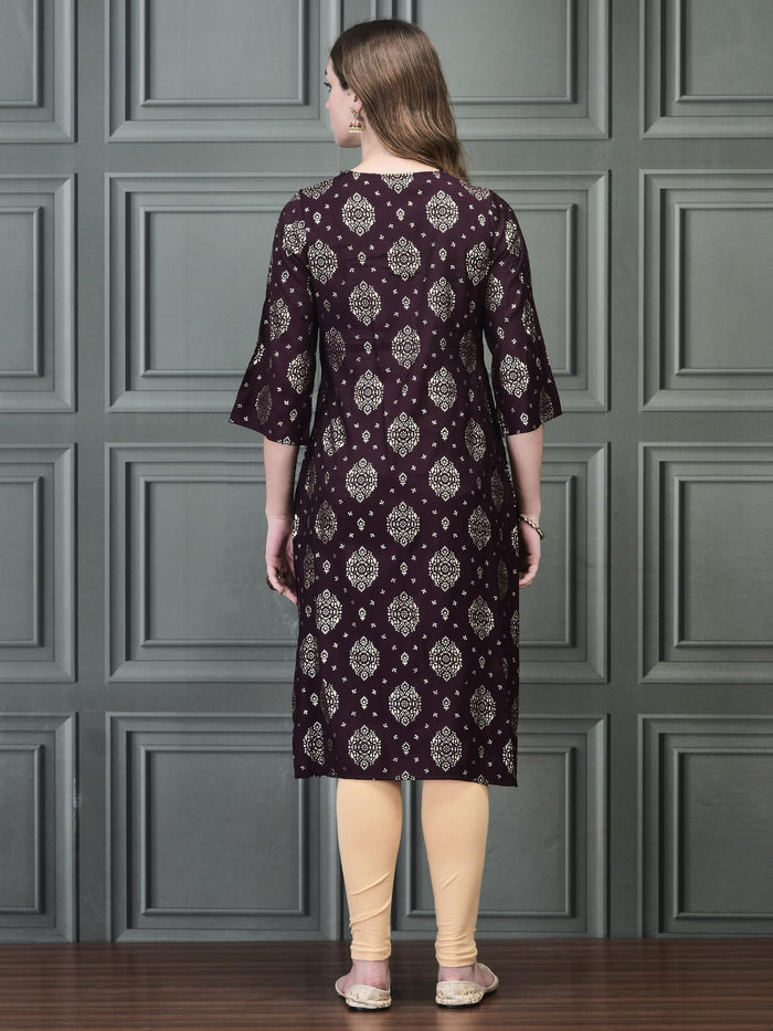 Women Liva Purple Foil Print Kurta.