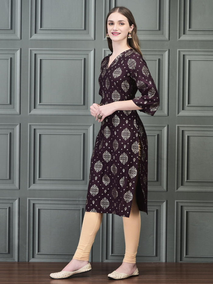 Women Liva Purple Foil Print Kurta.