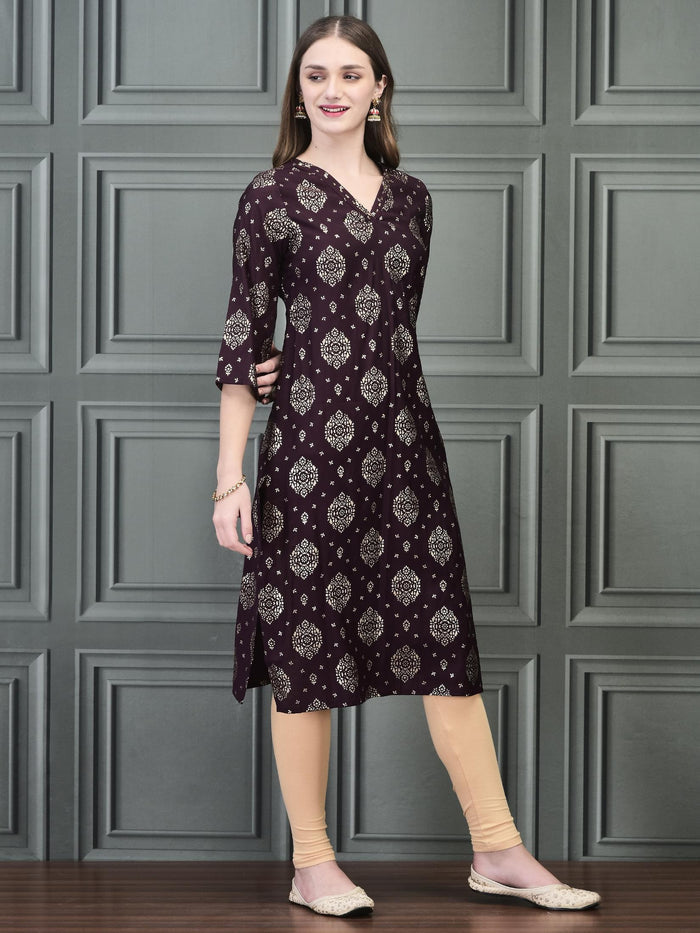 Women Liva Purple Foil Print Kurta.