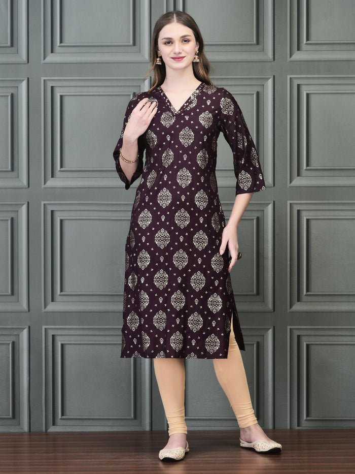 Women Liva Purple Foil Print Kurta.