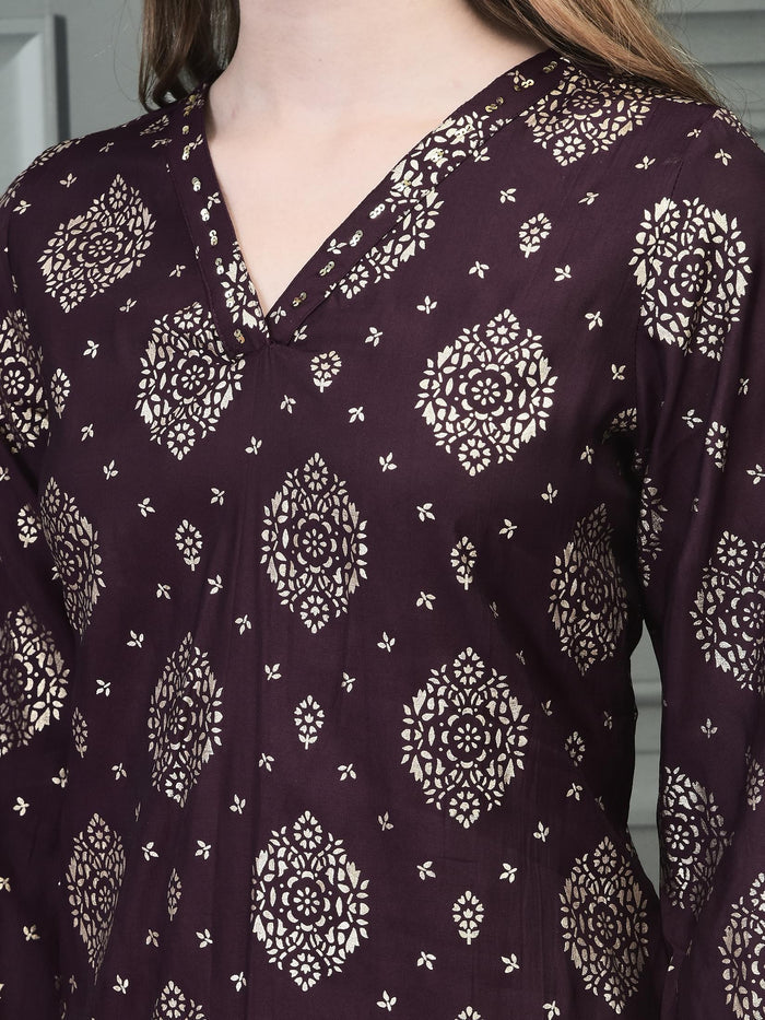 Women Liva Purple Foil Print Kurta.