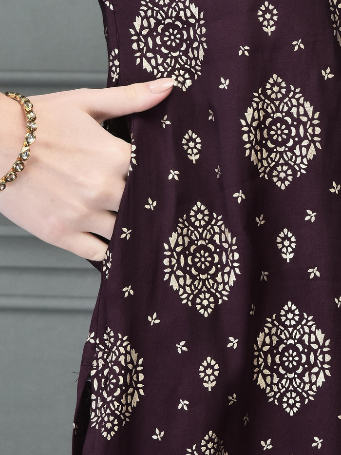 Women Liva Purple Foil Print Kurta.