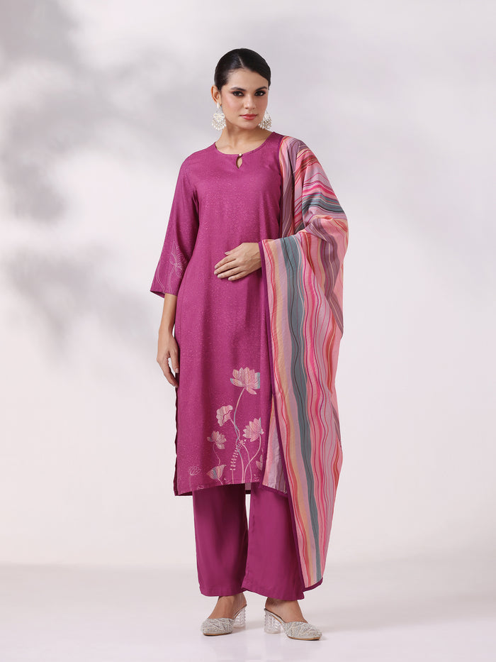 Women Liva Purple Printed Kurta Comfort Pant Dupatta