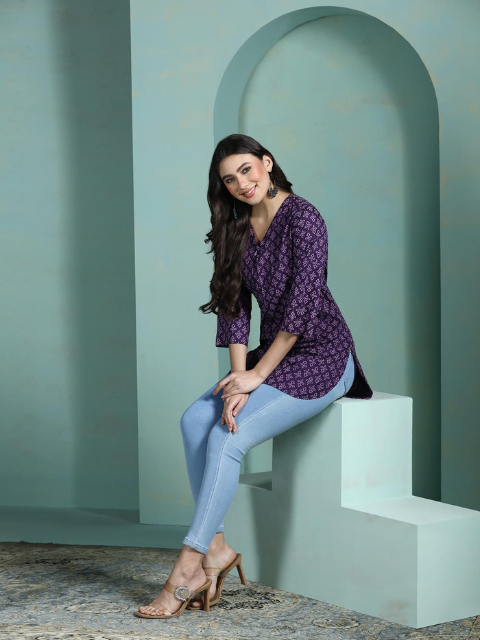 Women Liva Purple Printed Tunic.