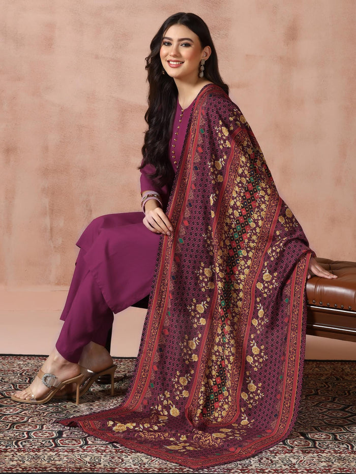 Women Liva Purple Solid Kurta Comfort Pant with Printed Chanderi Dupatta.