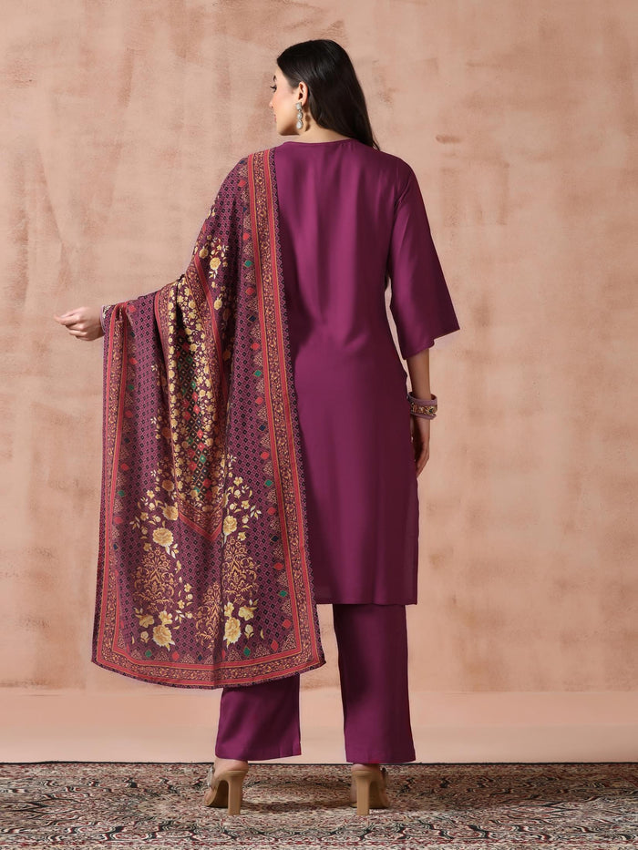 Women Liva Purple Solid Kurta Comfort Pant with Printed Chanderi Dupatta.