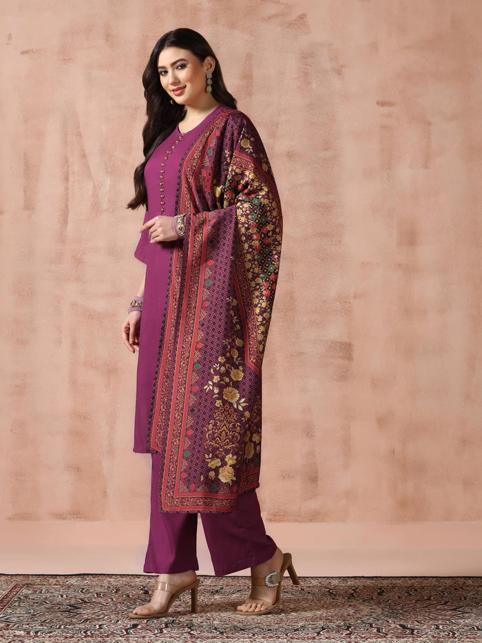 Women Liva Purple Solid Kurta Comfort Pant with Printed Chanderi Dupatta.