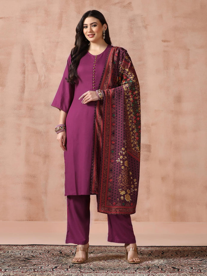 Women Liva Purple Solid Kurta Comfort Pant with Printed Chanderi Dupatta.