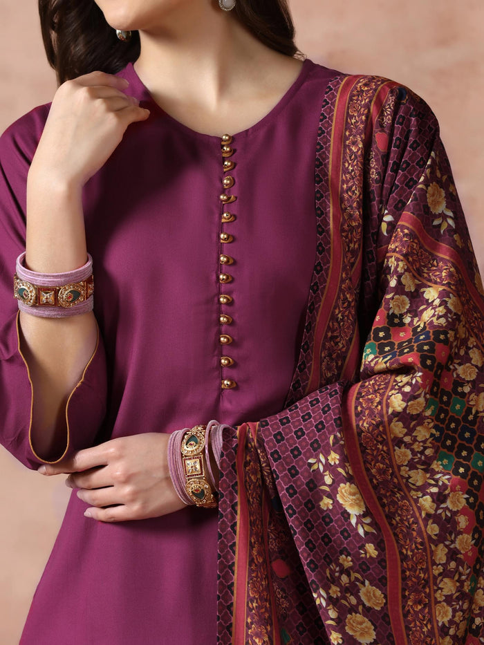 Women Liva Purple Solid Kurta Comfort Pant with Printed Chanderi Dupatta.