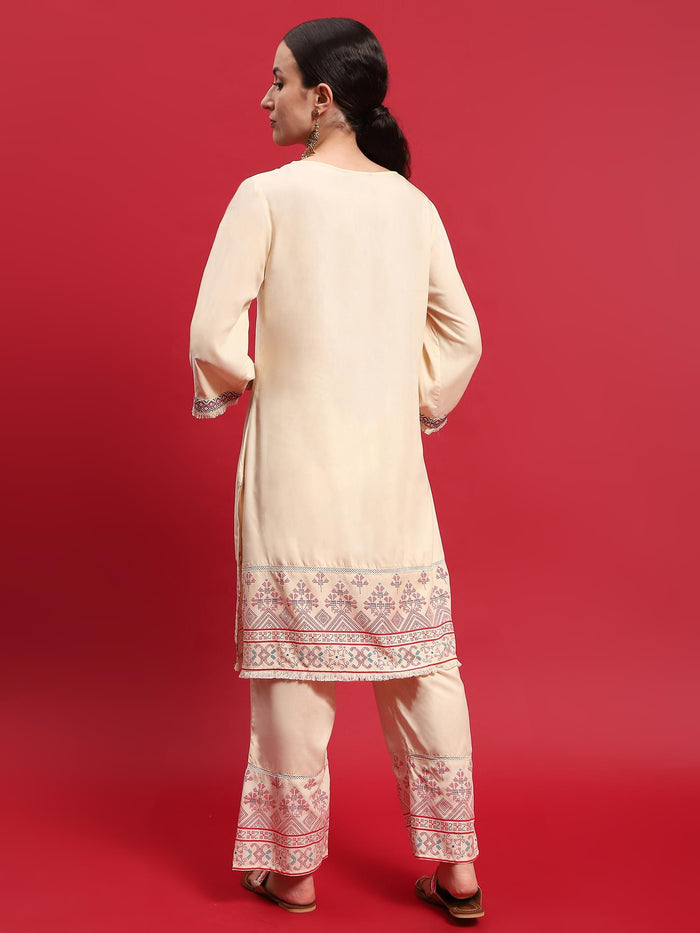 Women Liva Rayon Beige Solid Kurta With Comfort Pant.