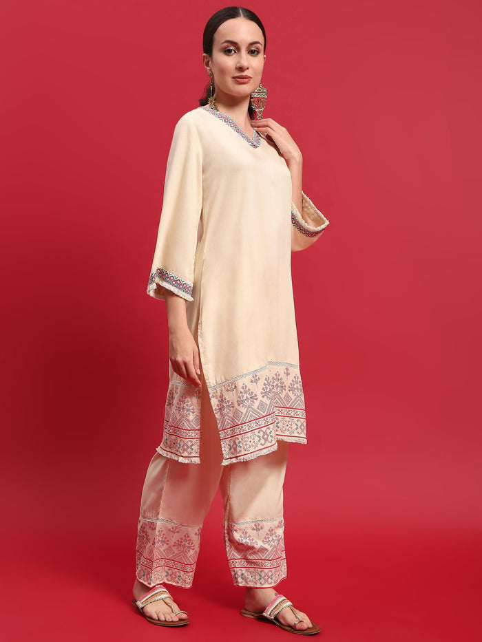 Women Liva Rayon Beige Solid Kurta With Comfort Pant.