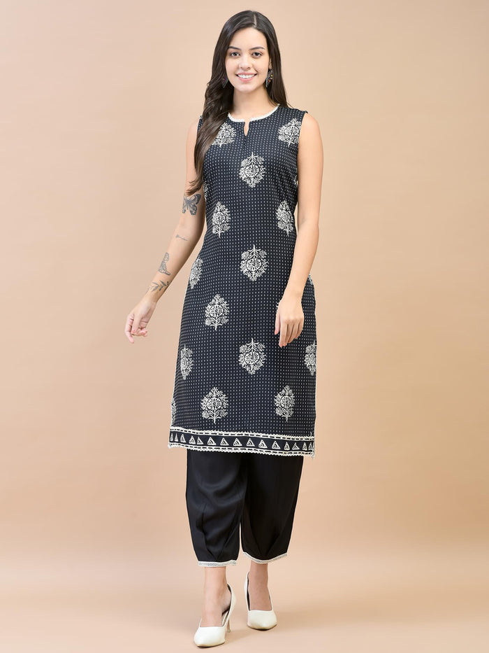 Women Liva (Rayon) Black Floral Print Kurta With Harem Pant.