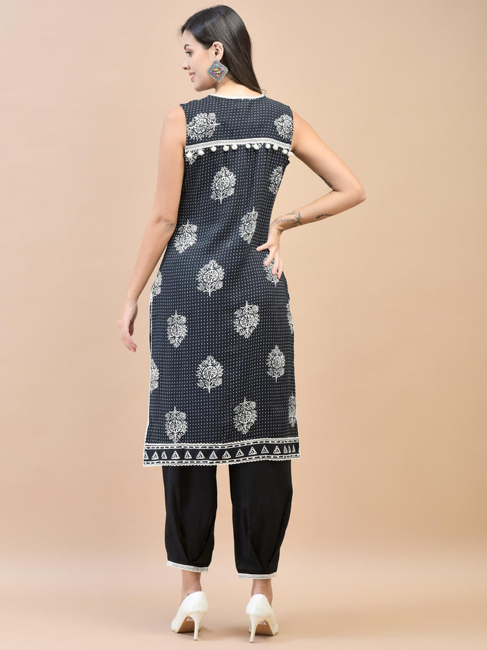 Women Liva (Rayon) Black Floral Print Kurta With Harem Pant.