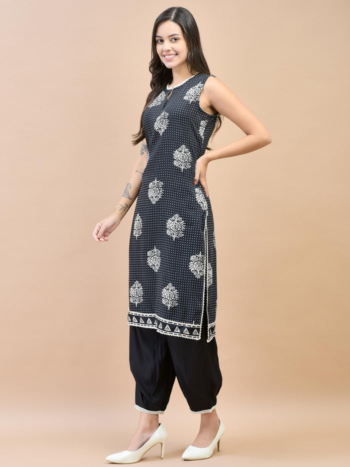 Women Liva (Rayon) Black Floral Print Kurta With Harem Pant.