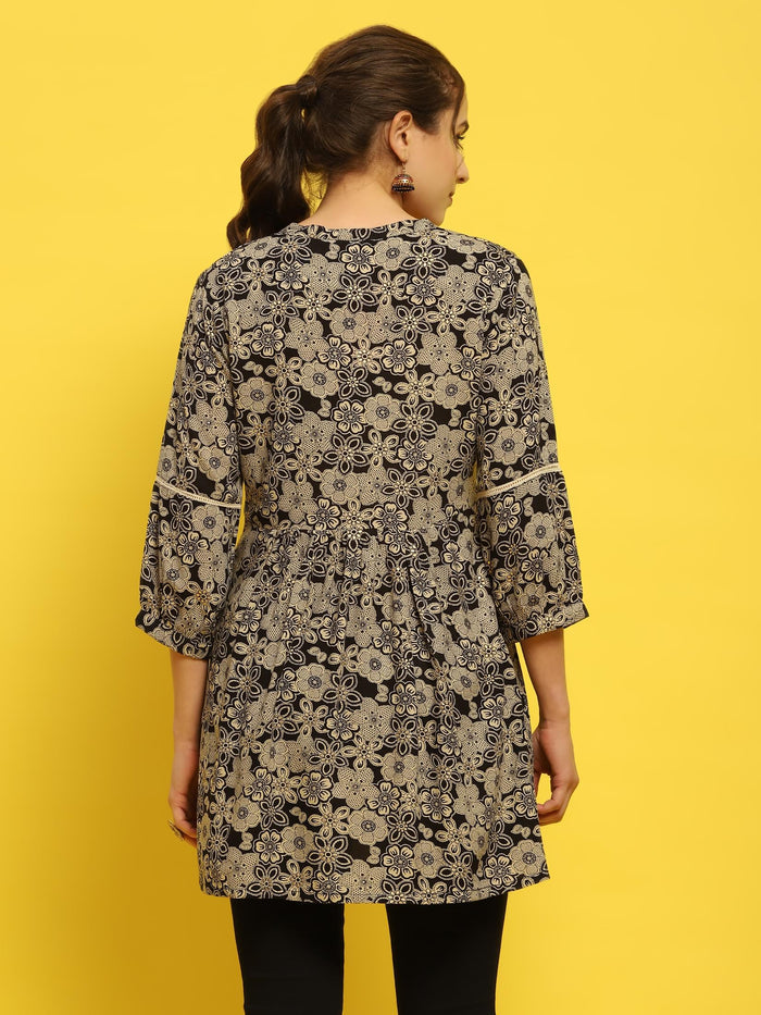 Women Liva Rayon Black Floral Print Tunic.