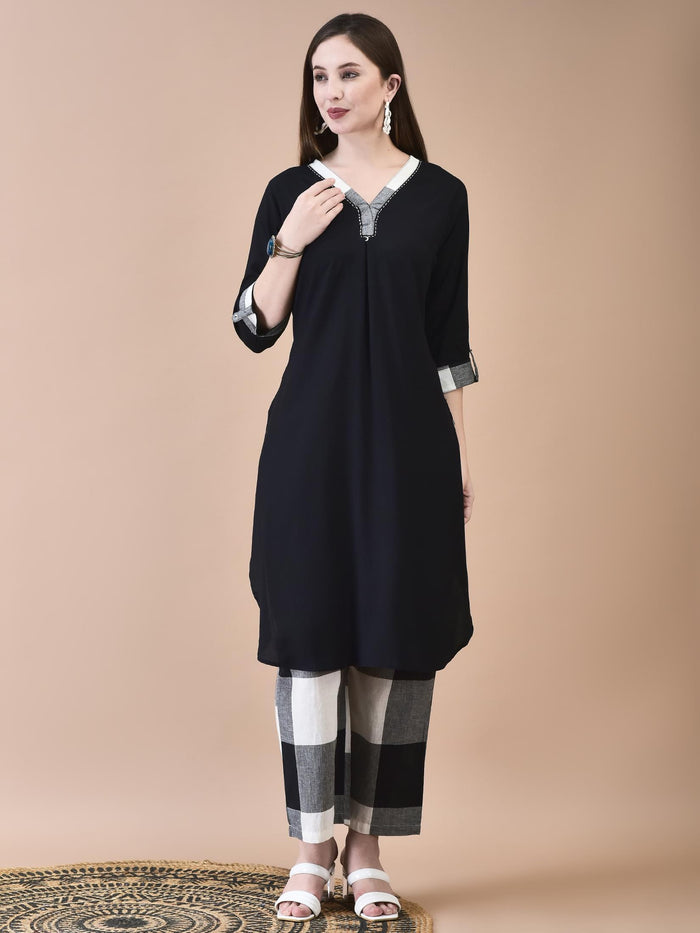 Women Liva (Rayon) Black Solid Kurta With Cotton Comfort Pant.