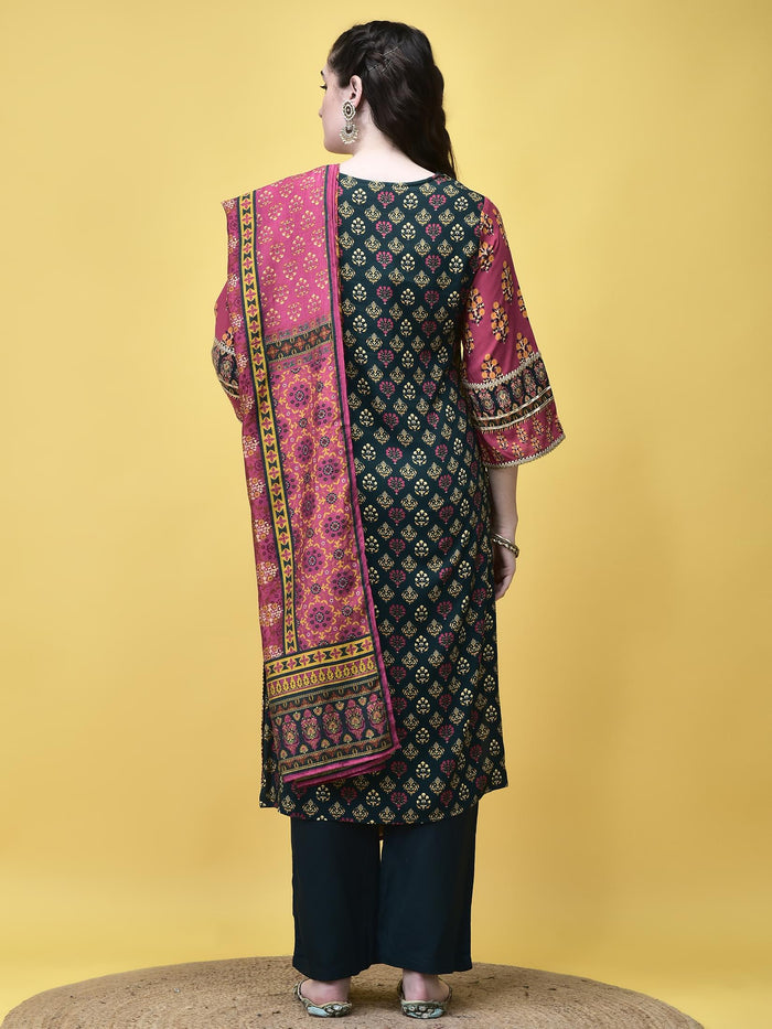 Women Liva Rayon Blue Butti Print Kurta Comfort Pant Dupatta.