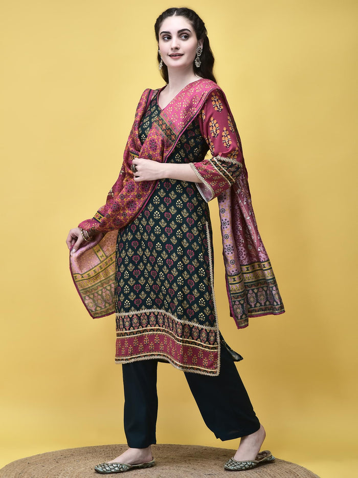 Women Liva Rayon Blue Butti Print Kurta Comfort Pant Dupatta.