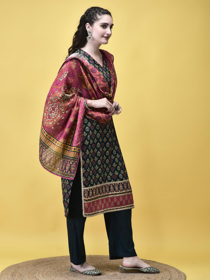Women Liva Rayon Blue Butti Print Kurta Comfort Pant Dupatta.