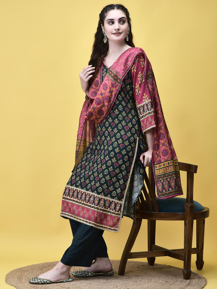 Women Liva Rayon Blue Butti Print Kurta Comfort Pant Dupatta.