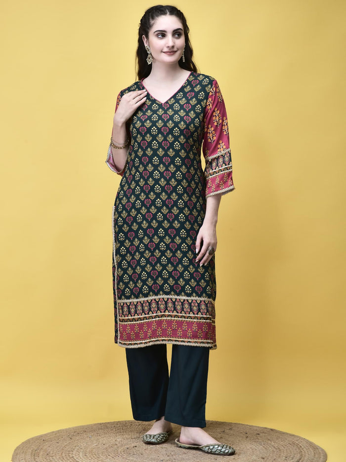 Women Liva Rayon Blue Butti Print Kurta Comfort Pant Dupatta.