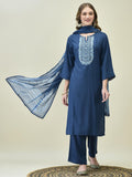 Women Liva Rayon Blue Embroidered Kurta Comfort Pant Dupatta.
