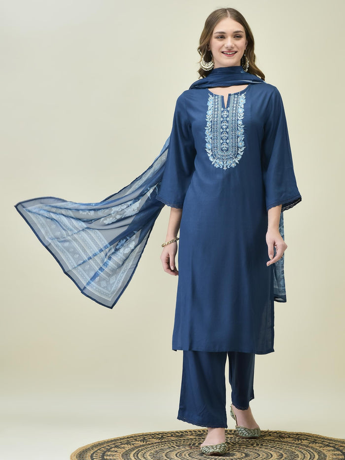 Women Liva Rayon Blue Embroidered Kurta Comfort Pant Dupatta.