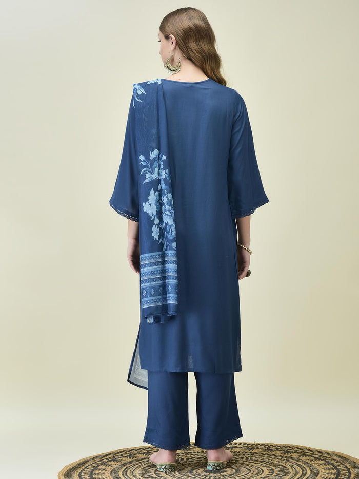 Women Liva Rayon Blue Embroidered Kurta Comfort Pant Dupatta.