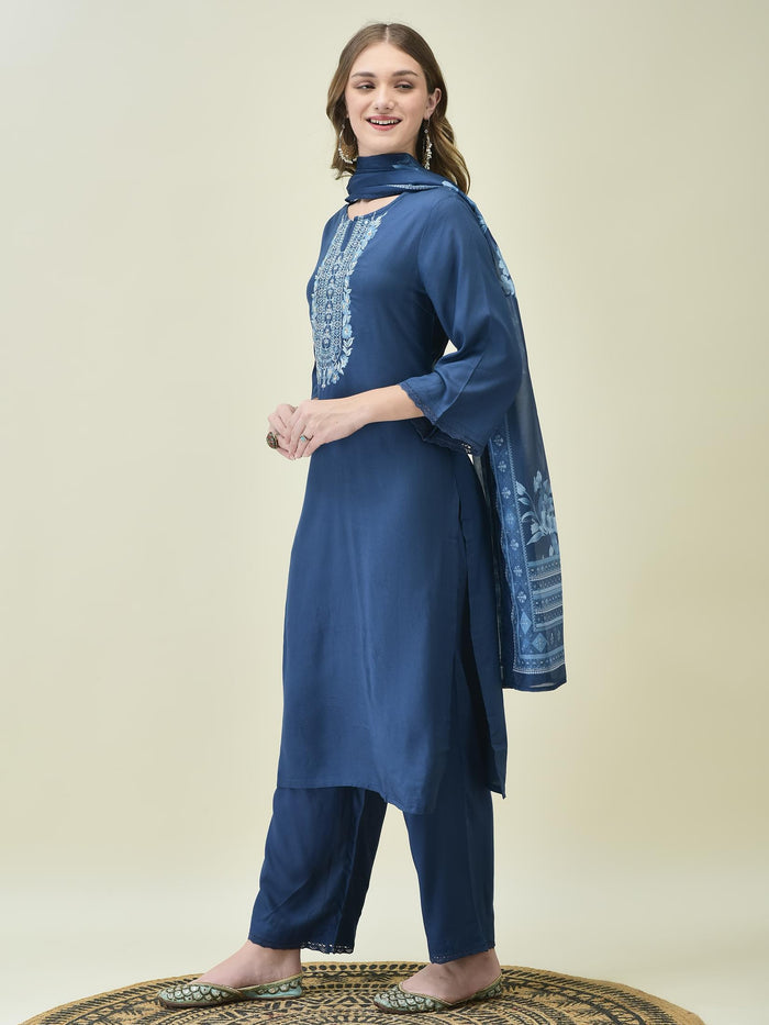Women Liva Rayon Blue Embroidered Kurta Comfort Pant Dupatta.