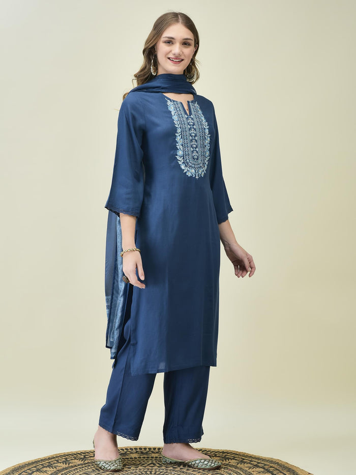 Women Liva Rayon Blue Embroidered Kurta Comfort Pant Dupatta.