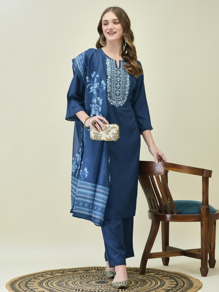 Women Liva Rayon Blue Embroidered Kurta Comfort Pant Dupatta.
