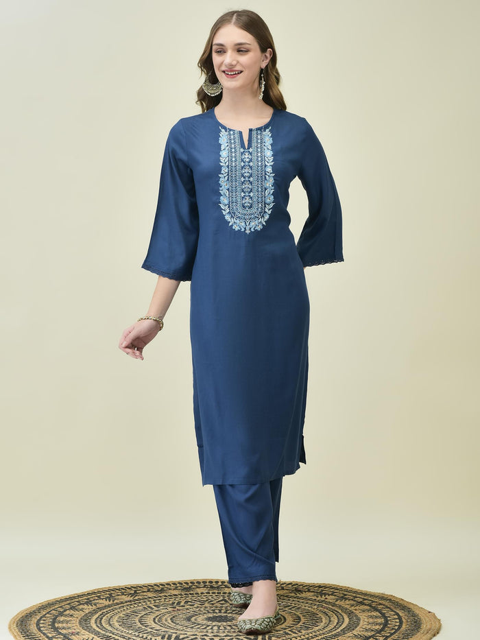 Women Liva Rayon Blue Embroidered Kurta Comfort Pant Dupatta.