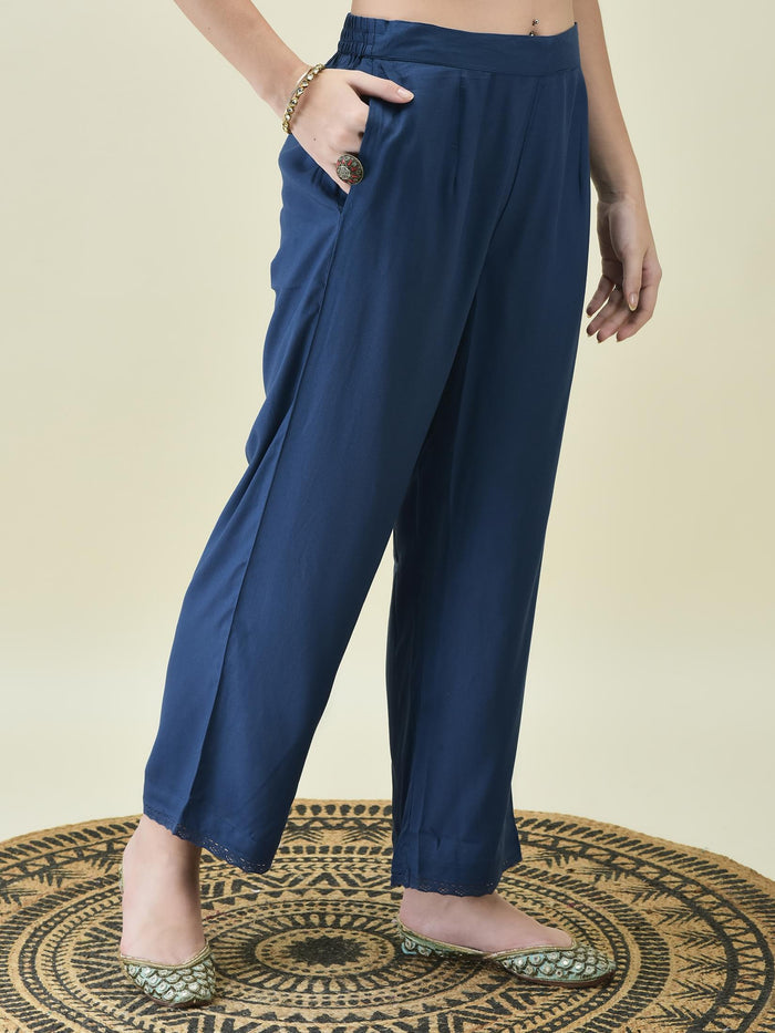 Women Liva Rayon Blue Embroidered Kurta Comfort Pant Dupatta.