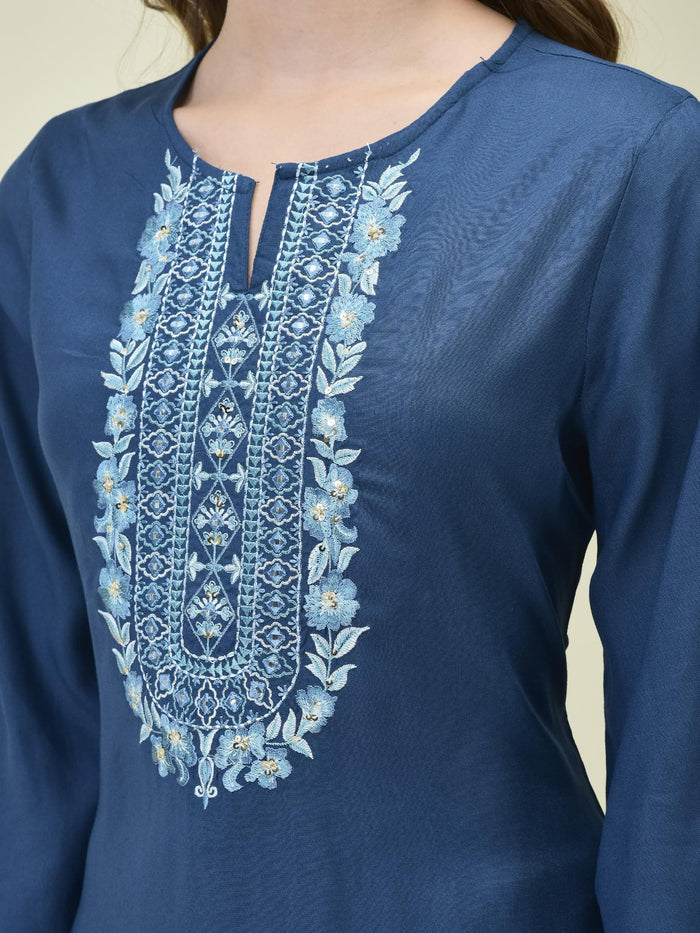Women Liva Rayon Blue Embroidered Kurta Comfort Pant Dupatta.